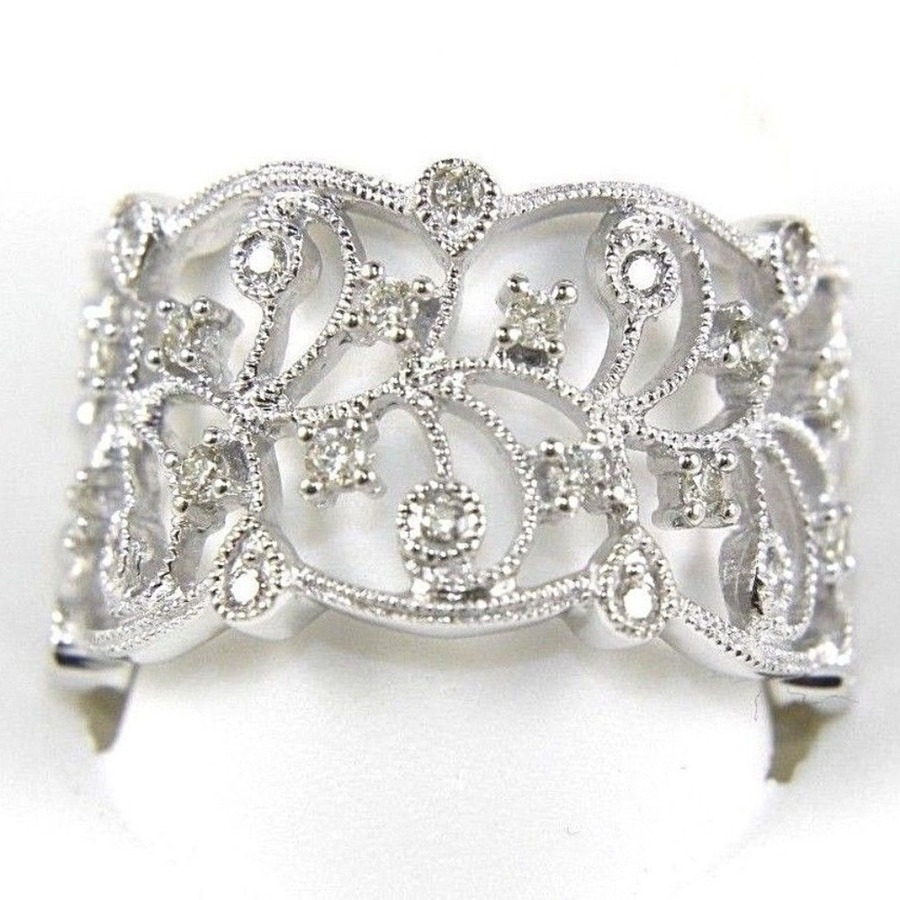 Diamond Filigree Milgrain Ring Band 14K WG .32Ct